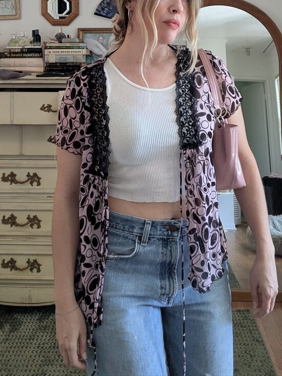 y2k Tops - Y2K Sheer Pink Optical Print Blouse